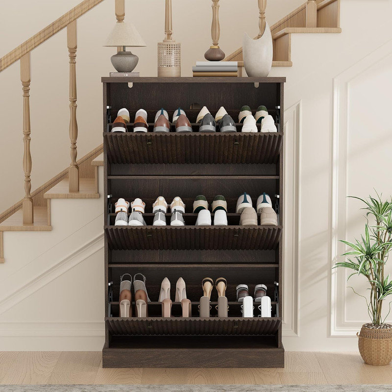 Rebrilliant Fluted Shoe Cabinet with 3 Flip Drawers, Narrow Wooden Organizer with Adjustable Shelves for Entryway Hallway | Wayfair