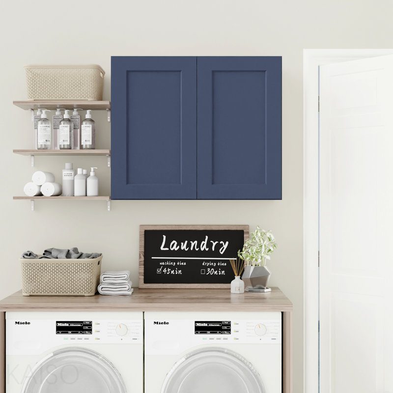 Armoire murale 36 po en bois massif, charnières à fermeture en douceur, tablettes réglables, porte double pour la cuisine, la salle de bain et la buanderie