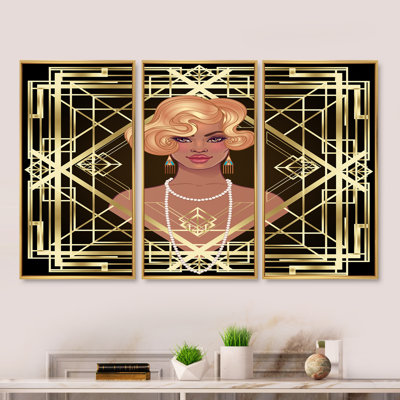 "Retro Women in Golden" Art Deco Geometrics III - 3 pièces, cadre flottant, impression sur toile