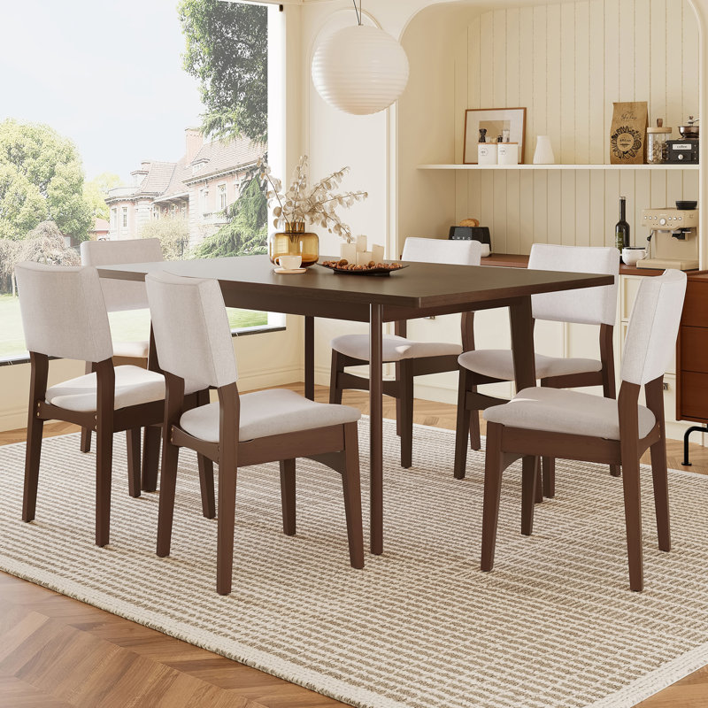 Ensemble de salle à manger 7 pièces avec table et 6 chaises rembourrées, Noyer foncé, 7 pièces : table, 6 chaises