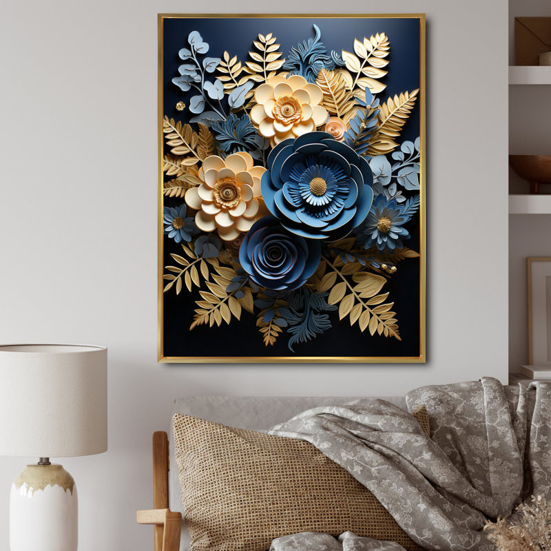 «Feena Blue Ferns Indigo Tranquility Papercut I», reproduction sur toile, H 32 po x l 16 po x P 1 po, Cadre flottant doré