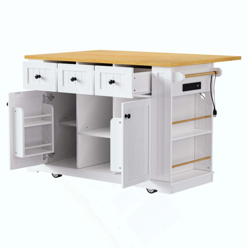 Kitchen Island With Drop Leaf, Power Outlet, Door Internal Storage Rack, Rolling Kitchen Cart On 5 Wheels With 5 Open Side Racks For Kitchen, Dining Room(Not Include Bar Stools)