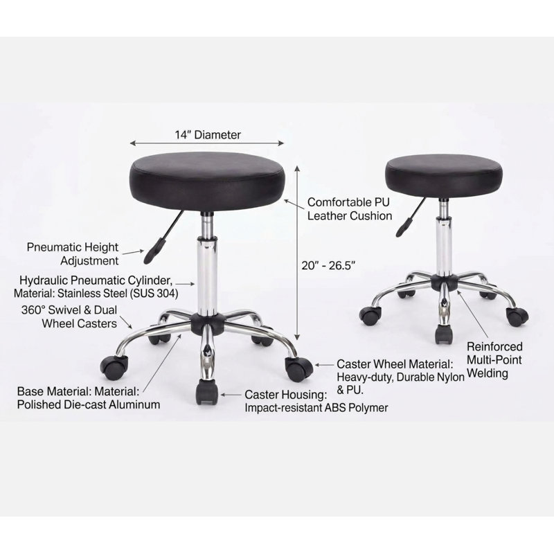 Set of 2 Adjustable Rolling Swivel Barstool with Black PU Leather Cushion