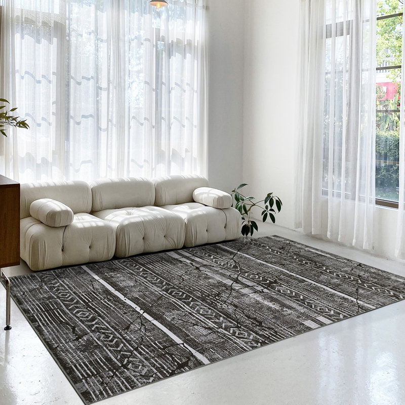 Washable Living Room Rug 8 x 10 Geometric Accent Carpet Non-Slip Backing Modern Marble Area Rug Black Gray, Black