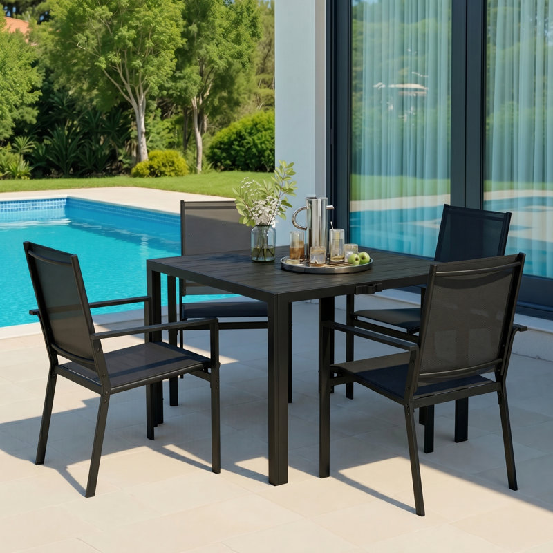 Ensemble de table de salle à manger d'extérieur 5 pièces pour patio avec 5 fauteuils empilables revêtus de polyester enduit de PVC-b