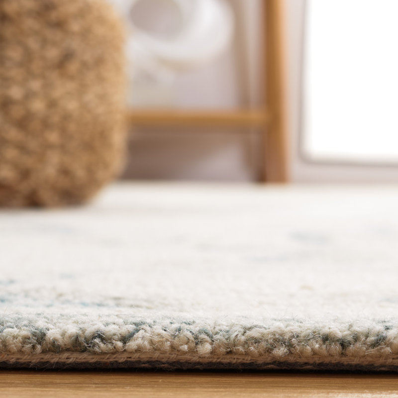 Rectangle Floral Handmade Tufted Wool/Cotton Area Rug in Ivory/Blue, Rectangle 5' x 8'
