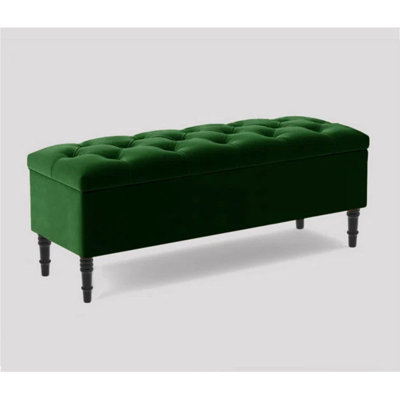 Swiss Chesterfield Ottoman Storage Bench - Upholstered Plush Velvet Shoes Bench with Black Turned Wooden Legs