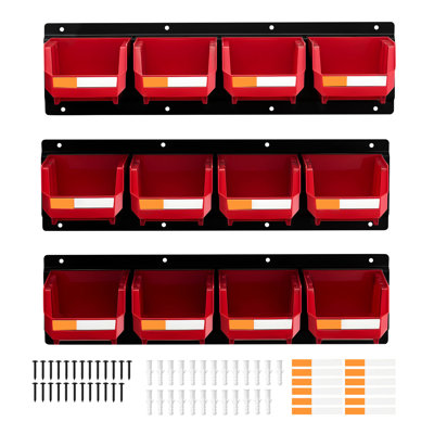 Red Wall Mounted Plastic Storage Bins 12 3 Metal Rails For Hardware Tools In Workshop Craft Room Garage No Wobbling Design Organizing Screws Nuts Bolts Nails Labeled