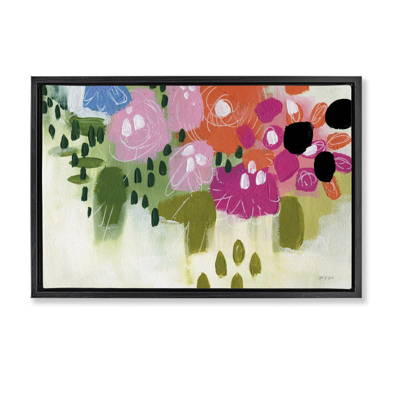Toile flottante abstraite à motif floral brossé par Yvette St. Amant, Cadre flottant noir de jais, H 17 po x l 25 po