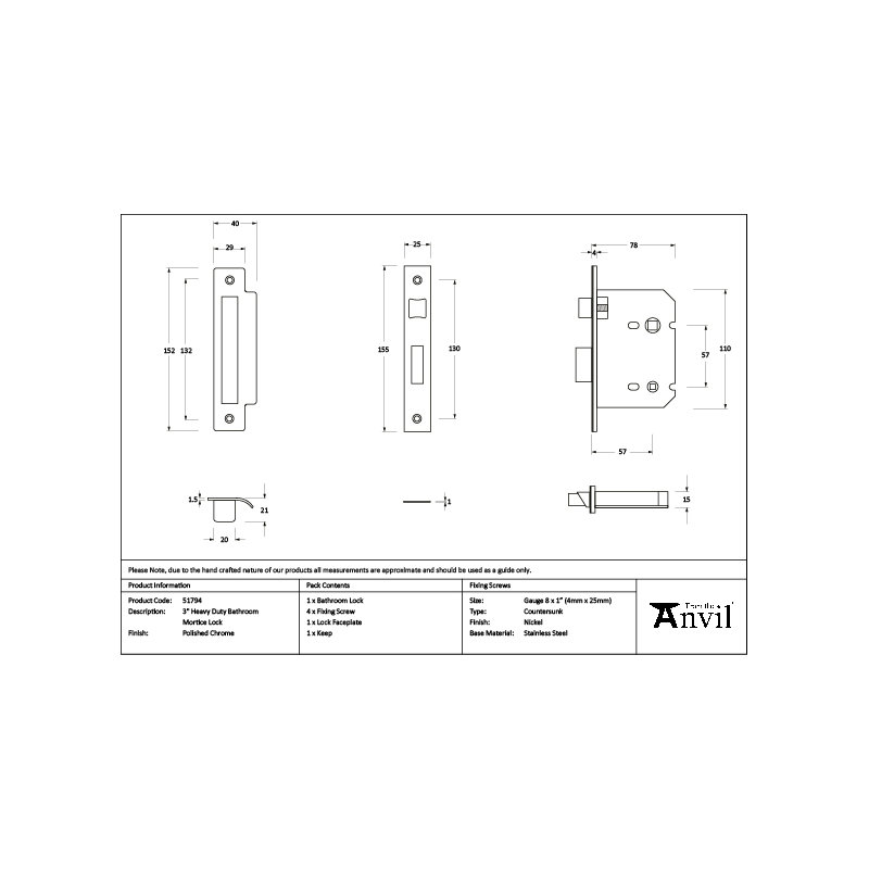 Polished SS 3" Heavy Duty Bathroom Mortice Lock, Polished Chrome