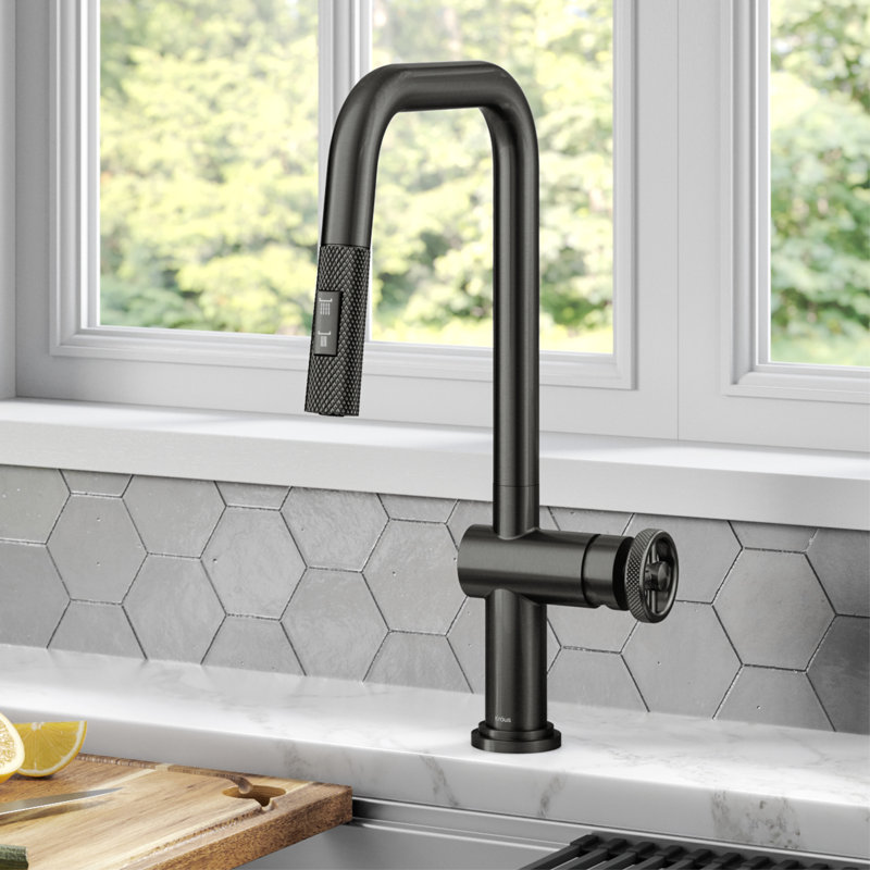 Urbix Industrial Pull-Down Single Handle Kitchen Faucet, Black Stainless