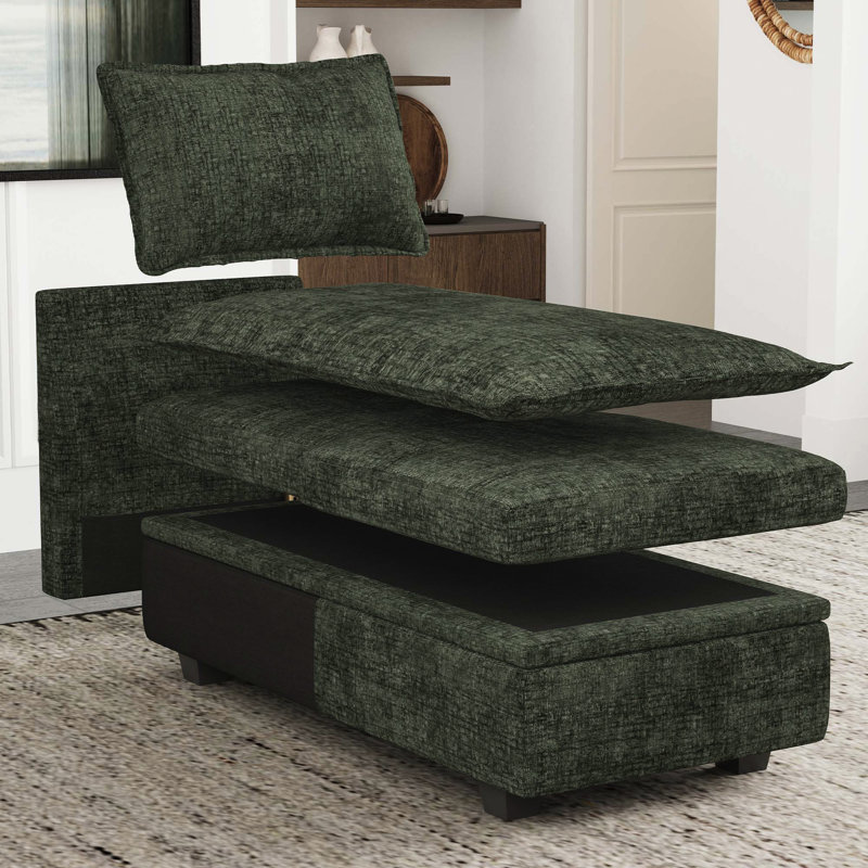 Luna Chenille Storage Chaise For Modular Sectional Sofa, Green Chenille