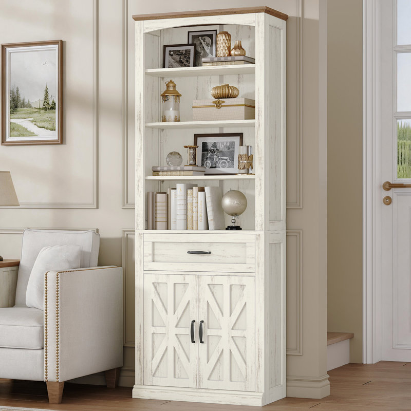 Bookshelf with Drawers, 7 Tier Floor Standing Bookcase with 23.6"W Storage Cabinet and 2 Doors
