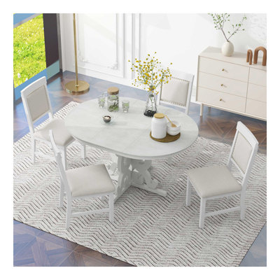 5-Piece Retro Functional Dining Set, 1 Extendable Table with a 16-inch Leaf and 4 Upholstered Chairs for Dining Room and Kitchen (Antique White)