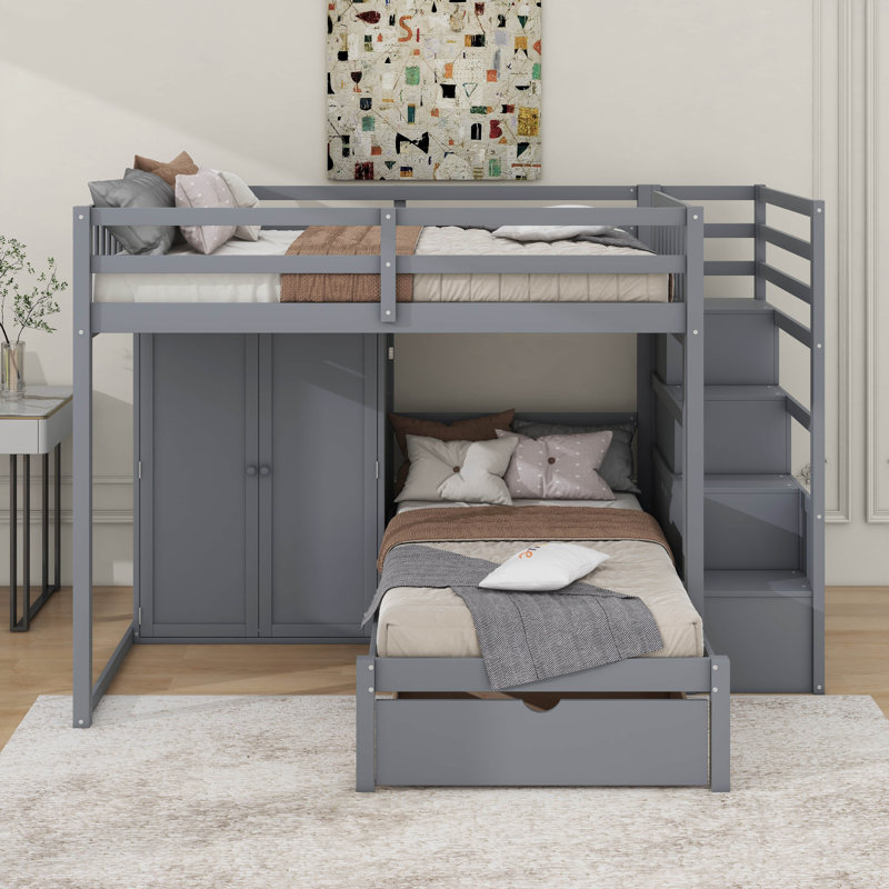 Lit superposé double au-dessus de simple avec garde-robe et tiroirs, Gris