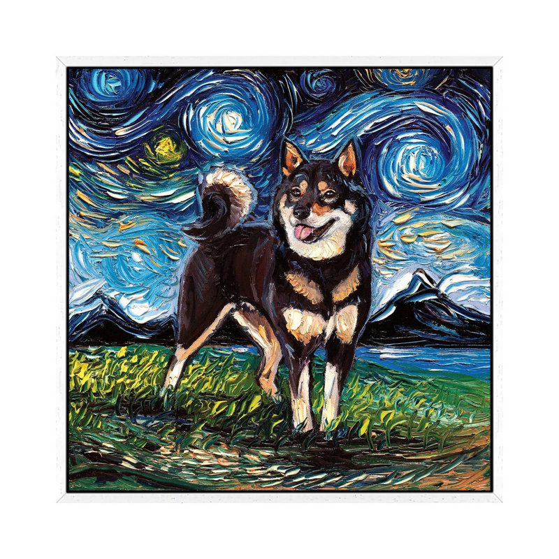Black And Tan Shiba Inu Night by Aja Trier - Print on Canvas, White Framed, 93.98 cm H x 93.98 cm W