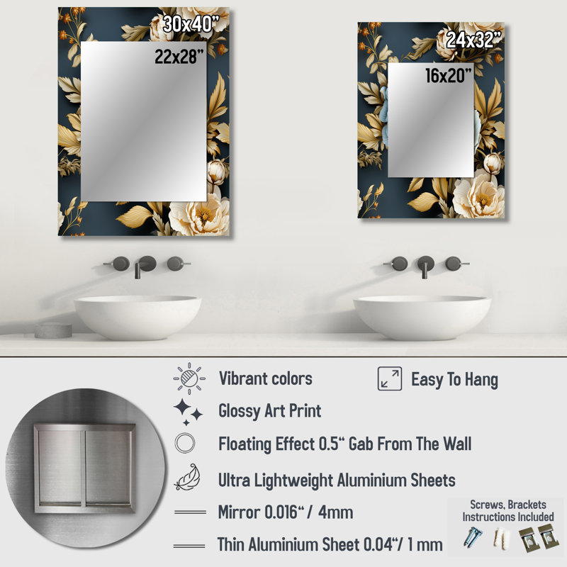Blue Timeless Floral Elegance Wonderland - Abstract Mirror Wall Decor, 40" x 30"