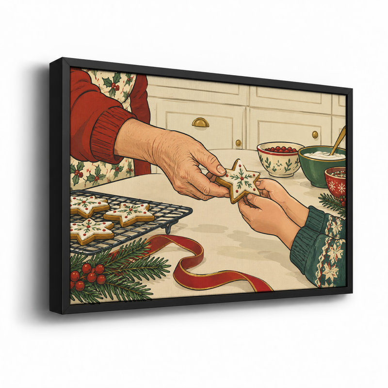 Decorating Star Shaped Cookies in Holiday Kitchen Christmas Canvas Wall Art, H 12 po x l 18 po