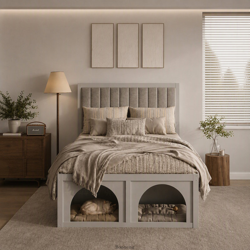 Lit plateforme double pour animaux de compagnie avec un coin sous le lit et une structure robuste, gris clair, aucun sommier tapissier requis, base de lit adaptée aux animaux de compagnie