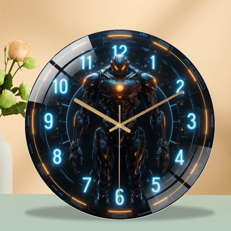 Horloge murale silencieuse en verre trempé de 30 cm, motif « Robot futuriste », sans tic-tac, fonctionne avec des piles AA (non incluses), décoration artistique pour la maison