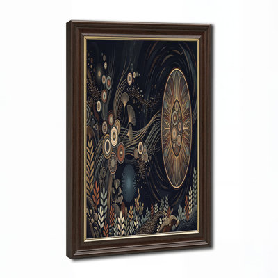 Or et bronze, feuilles et cercles stylisés sur toile noire