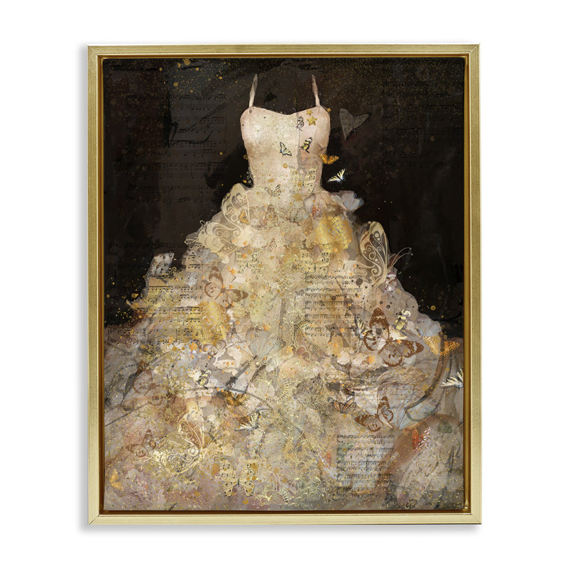 Collage détaillé de robes de soirée, H 21 po x l 17 po, Cadre flottant métallique doré