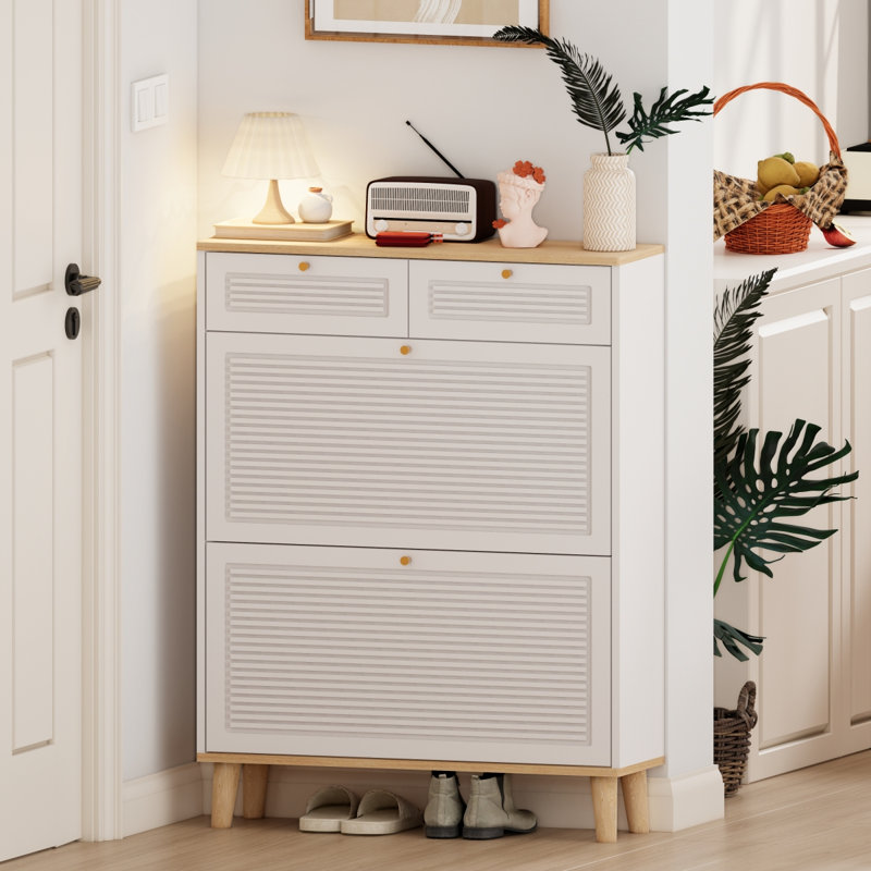 narrow Shoe cabinet with 2 flip-up doors and 2 drawers hold 12 - 20 pairs of shoes