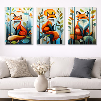 Elegant Fox with Foliage – Fox 3 Piece Metal Wall Decor Print