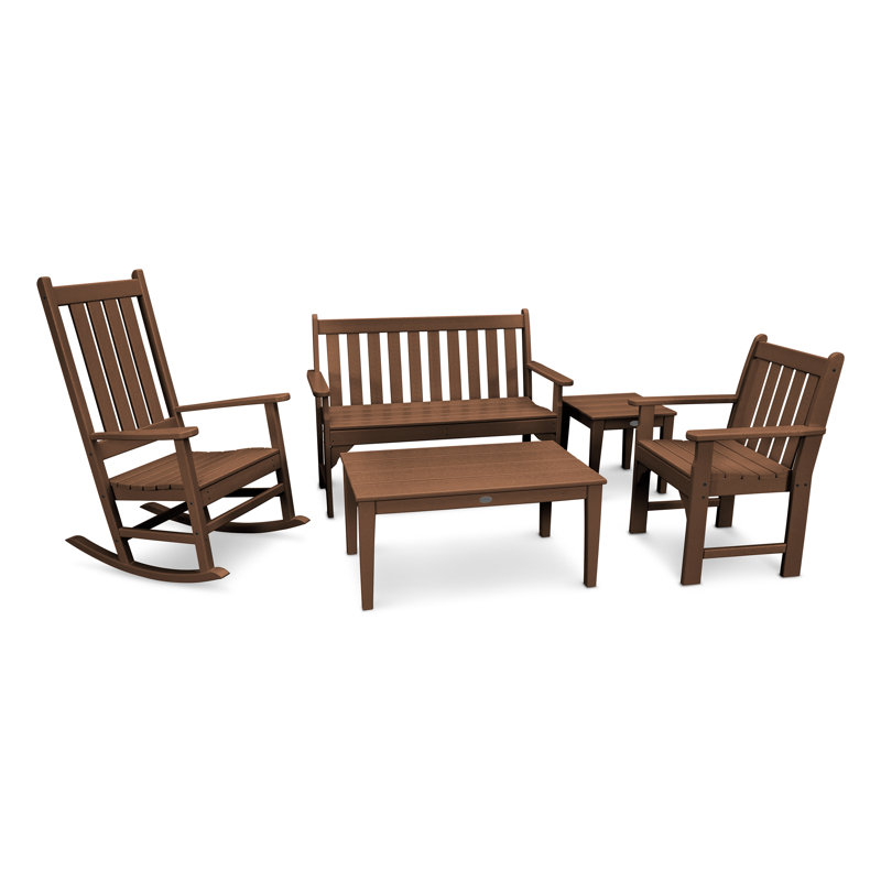 POLYWOOD Vineyard 5-Piece Bench & Rocking Chair Set, Teak