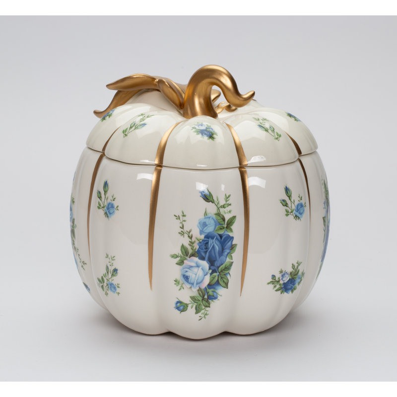 White Pumpkin Jar With Blue Roses Pattern 