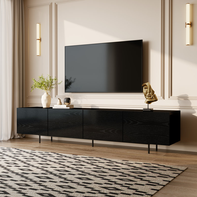 Modern 4-Door TV Stand Storage Credenza, 21.7"H x 94.5"W x 15.2"D, Black