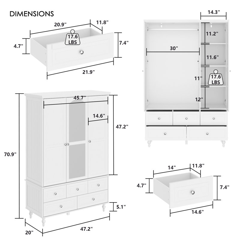 Armoire-penderie blanche à 3 portes avec miroir et 5 tiroirs