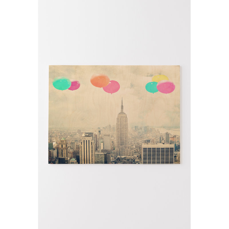 Photographie, ballons au-dessus de la ville, impression sur bois, H 30 po x l 30 po x P 1 po, Affiche, Aucun mat