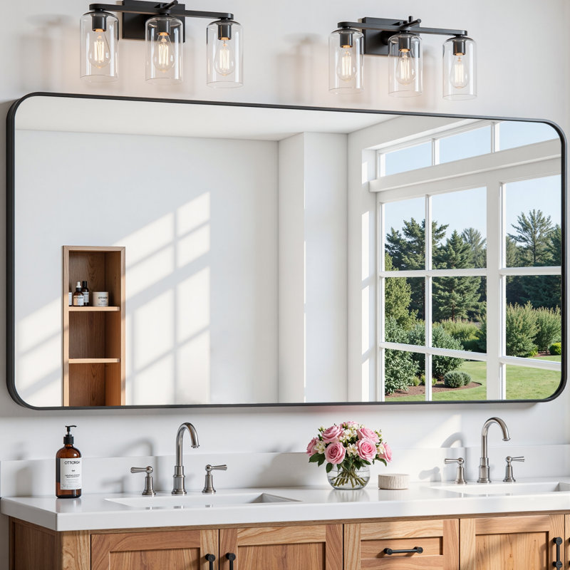 Miroir de salle de bain rectangulaire arrondi de 1,18 po avec cadre en alliage d'aluminium et verre trempé de qualité supérieure Lunara