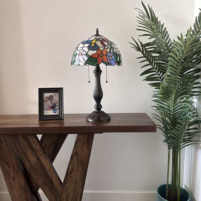 Lampe de table Bernharda Hallan style Tiffany vitrail fleurs de colibri avec ampoules DEL incluses H 22 *
