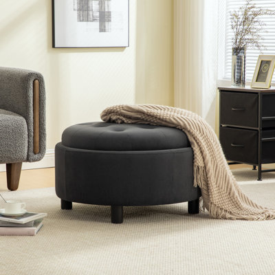 Gray Round Ottoman, Hidden Storage, nan" x nan" x nan", Sherpa, Upholstered