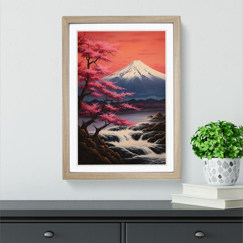Mount Fuji Romanticism - Single Picture Frame Print on Wood, 34cm H x 25cm W x 2cm D, Oak Framed
