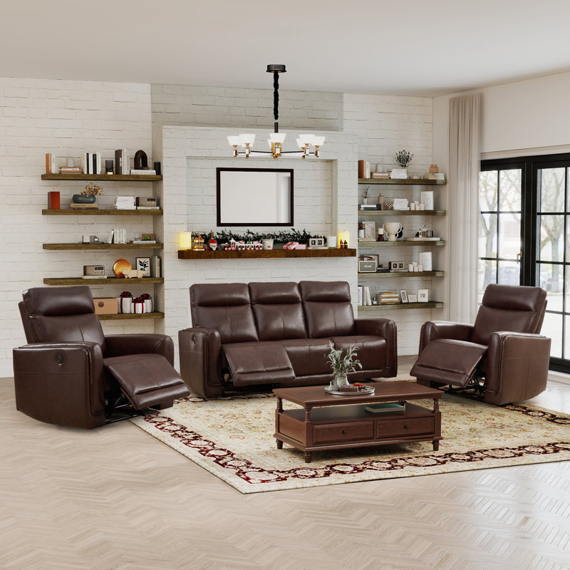 3-Piece Modern Top-Grain Leather Power Reclining Living Room Set: 2 Electric Recliner Chairs + Sofa With Type-C & USB