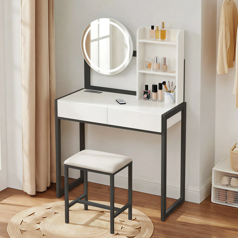 Small Vanity Desk With Mirror And Lights, Makeup Vanity Table With Led Mirror, 3 Lighting Modes, Power Outlet, Drawer, Open Shelves And Cushioned Stool For Bedroom