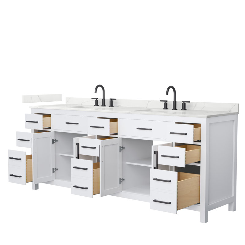 Beckett 84" Freestanding Double Bathroom Vanity with Quartz Top, White, Matte Black, Giotto Quartz