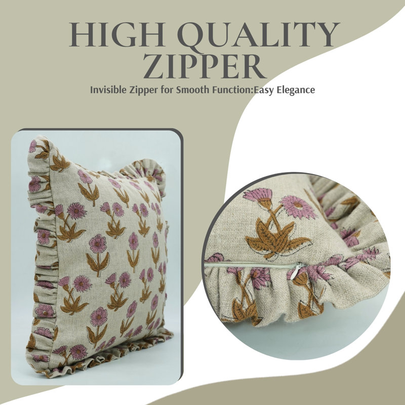 Fabdivine Floral Linen Frill Pillow Cover for Home Décor