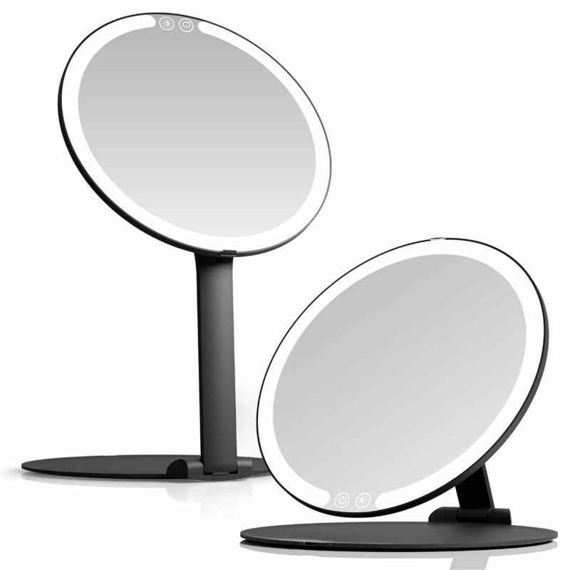  Miroir de maquillage de voyage rechargeable avec lumière DEL Abigail, support pliable de 8 po, miroir de voyage à éclairage de 3 couleurs. Miroir de salle de bain portable à intensité variable et léger, beauté voyage essentiel (noir)