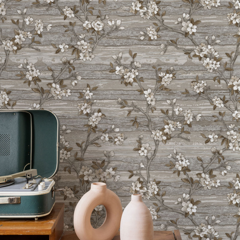 Flocked Botanical Blossom Pattern Stylish Floral Wallpaper, Grey