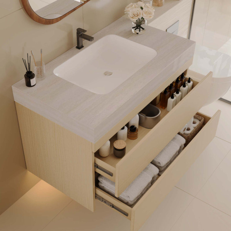 Wall Mounted Single Double Single Vanity Bathroom Vanity With Faux Marble Top, Bois, Beige
