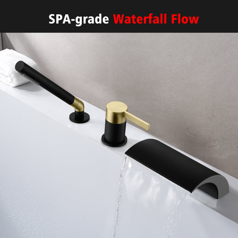 SUMERAIN Brushed Gold Bathroom Tub Filler Faucet with High Flow Waterfall Spout, Modern Style Bathtub Faucet with Hand Shower, 3 Holes