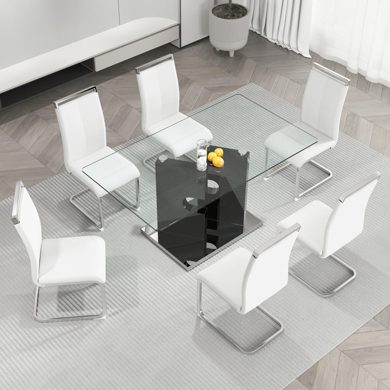 Ensemble de table de salle à manger 63 ", ensemble de table de salle à manger en verre avec pieds à structure ouverte et chaises en similicuir
