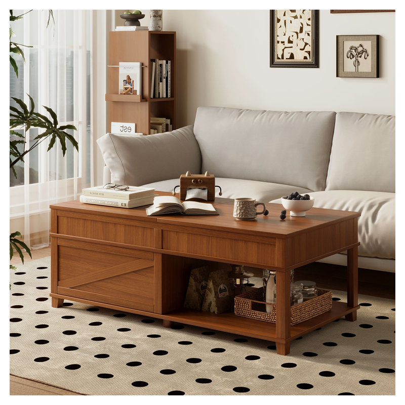 Table basse à plateau relevable avec rangement caché et tablettes ouvertes - Bureau à hauteur réglable pour le salon, brun abricot