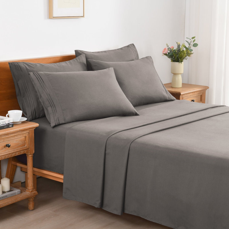 4/6 Pcs Soft Solid & Embroidery Bed Sheets Set, Gray, Full