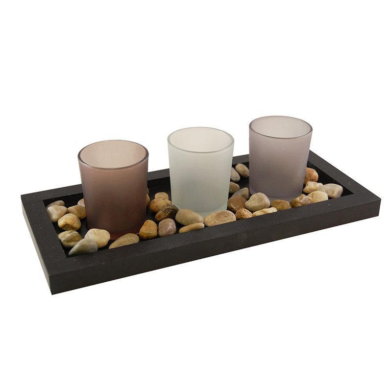 Plateau en bois avec 3 porte-bougies en verre