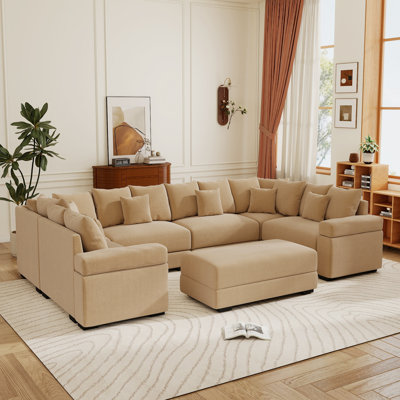 Corduroy 7-Piece Modular Corner Sectional with Ottaman, Convertible Sectional Couch with Pillows